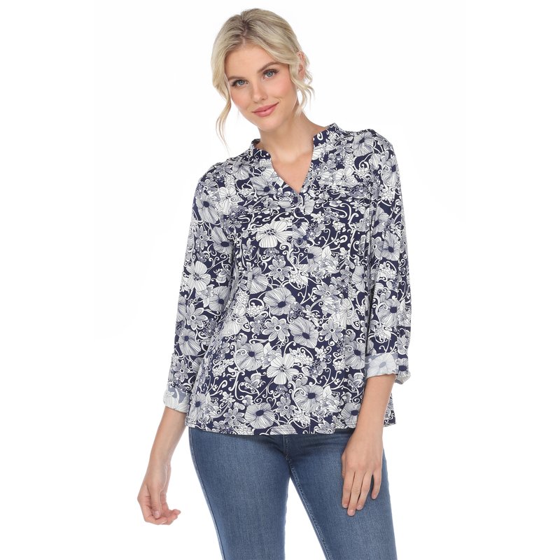 Shop White Mark Pleated Long Sleeve Floral Print Blouse In Blue