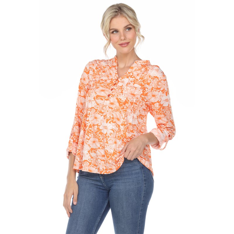 White Mark Pleated Long Sleeve Floral Print Blouse In Orange