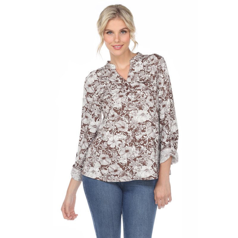 White Mark Pleated Long Sleeve Floral Print Blouse In Brown