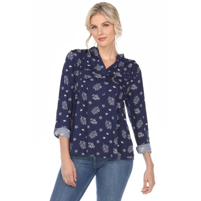 Shop White Mark Pleated Long Sleeve Leaf Print Blouse In Blue