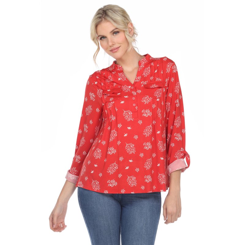 White Mark Pleated Long Sleeve Leaf Print Blouse In Red