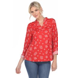 Pleated Long Sleeve Leaf Print Blouse - Red