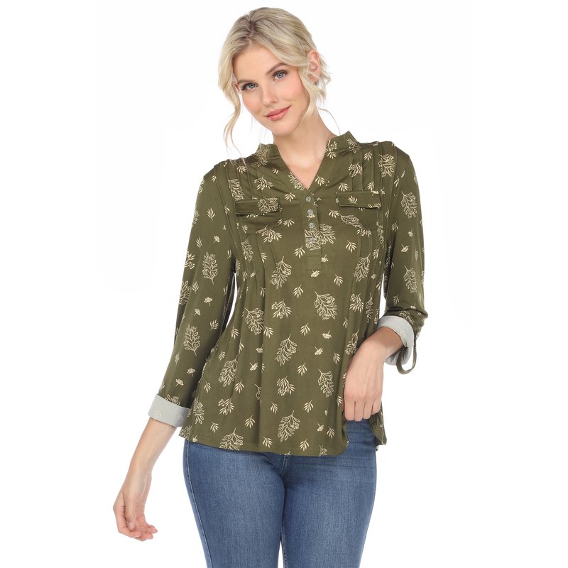 Shop White Mark Pleated Long Sleeve Leaf Print Blouse In Green