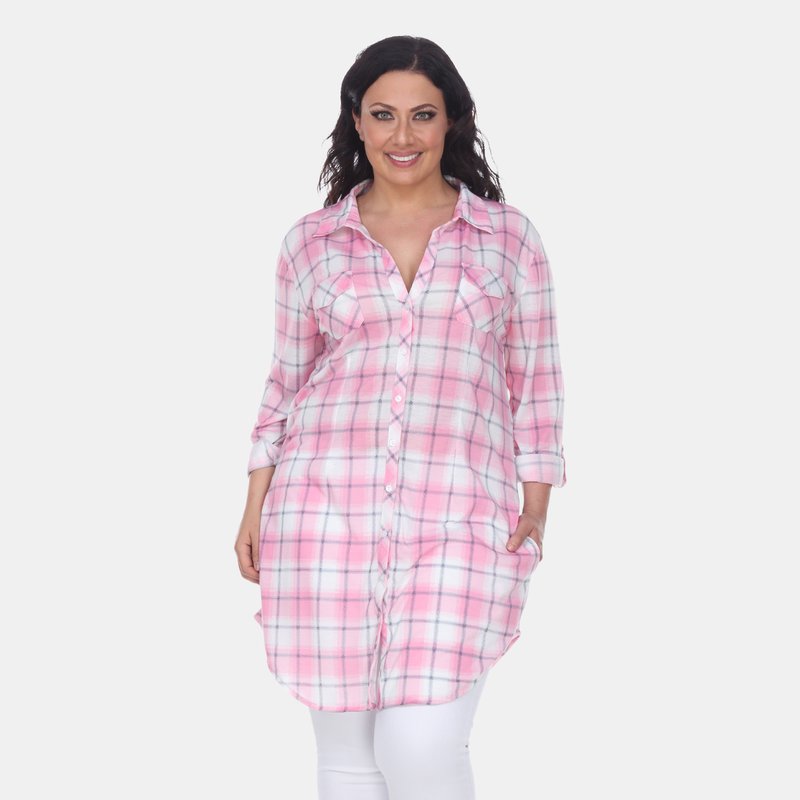 White Mark Plus Piper Stretchy Plaid Tunic In Pink/white