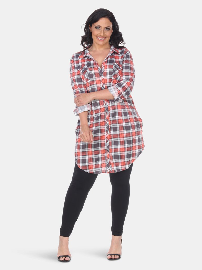 Plus Piper Stretchy Plaid Tunic - Grey/Coral