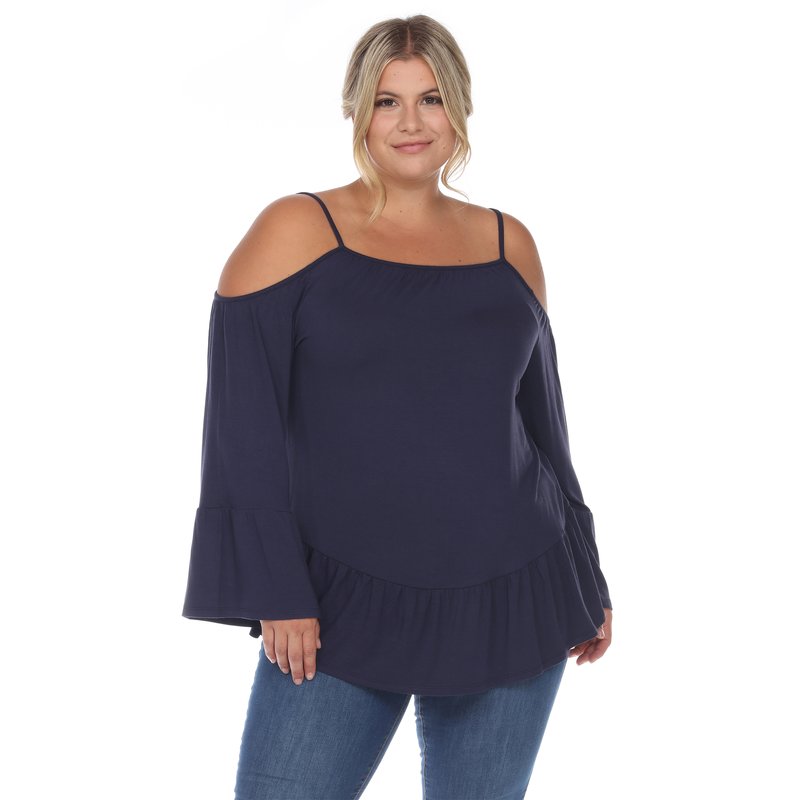 White Mark Plus Size Cold Shoulder Ruffle Sleeve Top In Navy