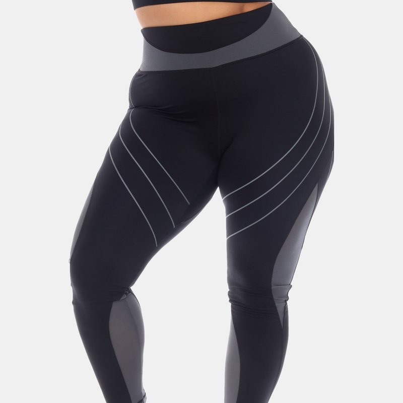 White Mark Plus Size High-waist Reflective Piping Fitness Leggings In Black