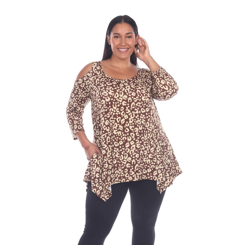 White Mark Plus Size Leopard Cold Shoulder Tunic In Brown Leopard