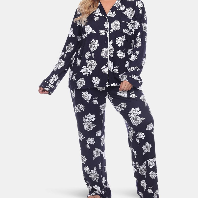 White Mark Plus Size Long Sleeve Pajama Set In Blue - Floral