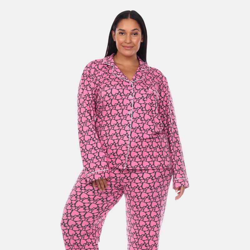 White Mark Plus Size Long Sleeve Pajama Set In Pink - Heart