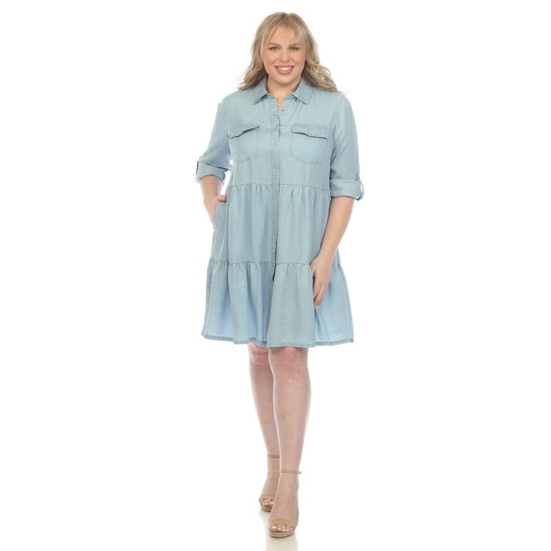 Shop White Mark Plus Size Long Sleeve Tiered Midi Shirt Dress In Blue