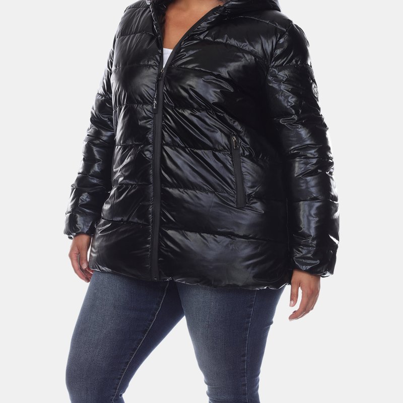 White Mark Plus Size Metallic Puffer Coat With Hoodie In Black