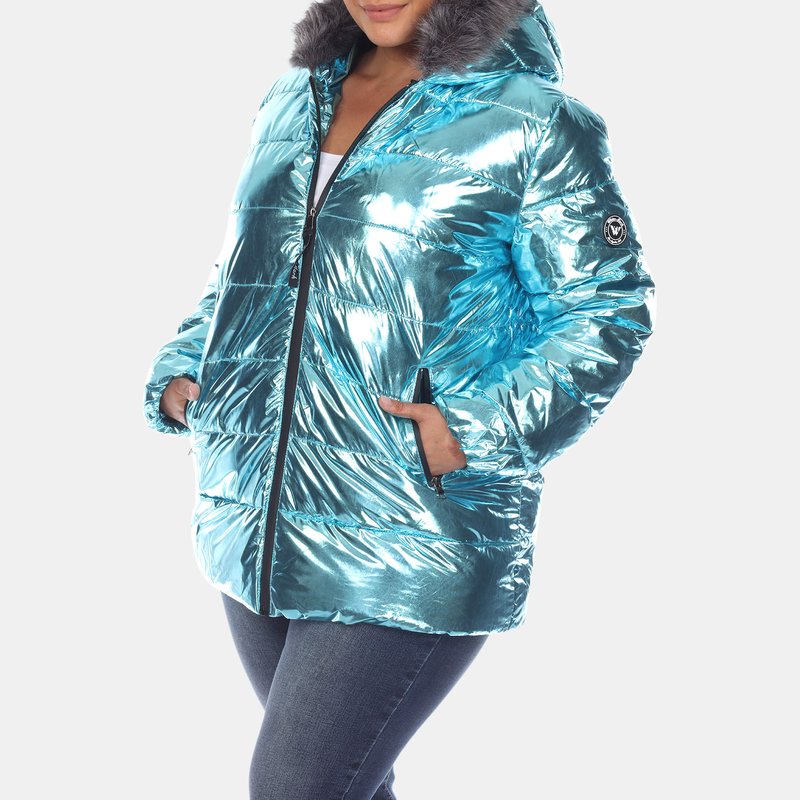 White Mark Plus Size Metallic Puffer Coat With Hoodie In Green