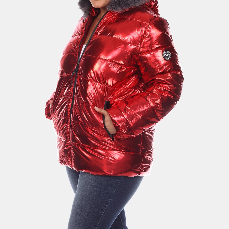 White Mark Plus Size Metallic Puffer Coat With Hoodie In Red