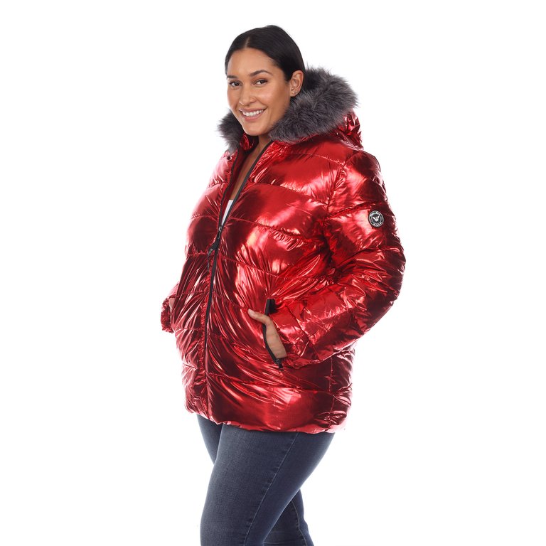 Plus Size Metallic Puffer Coat with Hoodie - Red