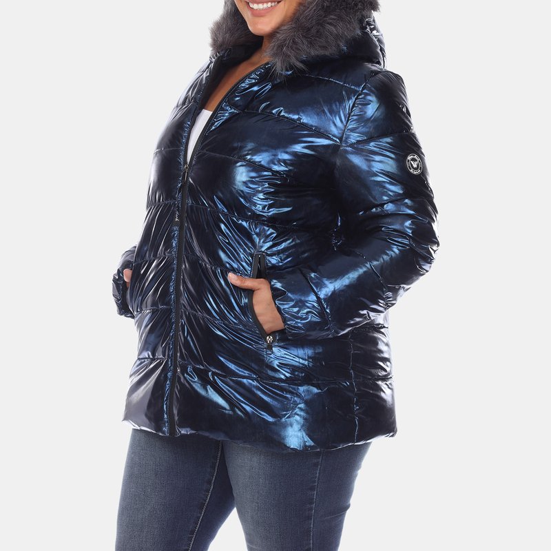 White Mark Plus Size Metallic Puffer Coat With Hoodie In Blue