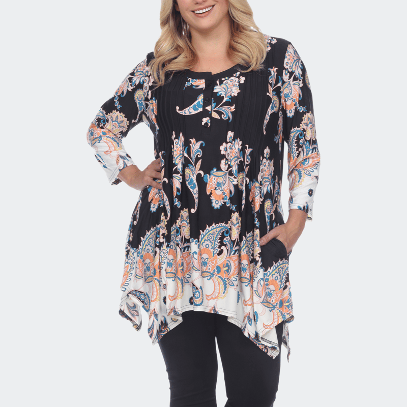 White Mark Plus Size Paisley Scoop Neck Tunic Top With Pockets In Black