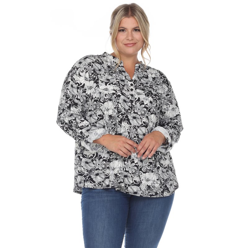 White Mark Plus Size Pleated Long Sleeve Floral Print Blouse In Black