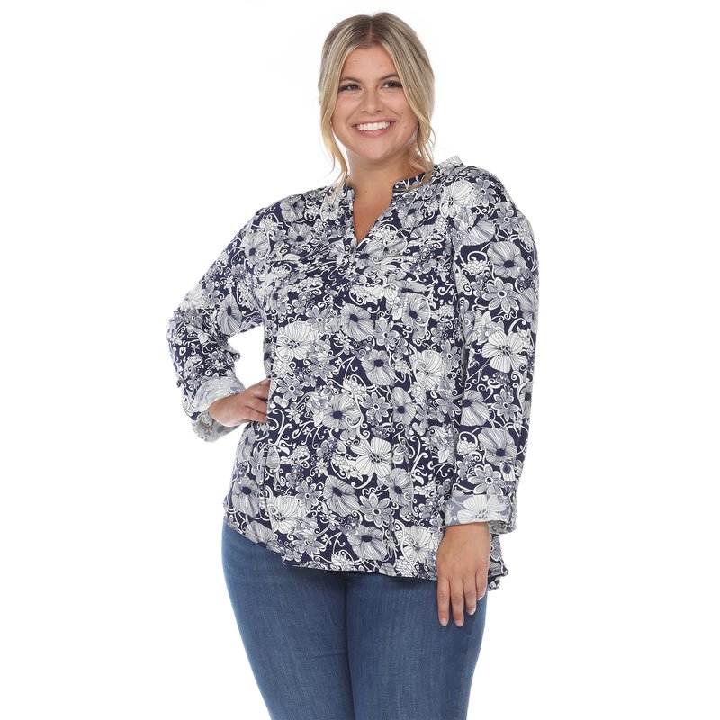 Shop White Mark Plus Size Pleated Long Sleeve Floral Print Blouse In Blue