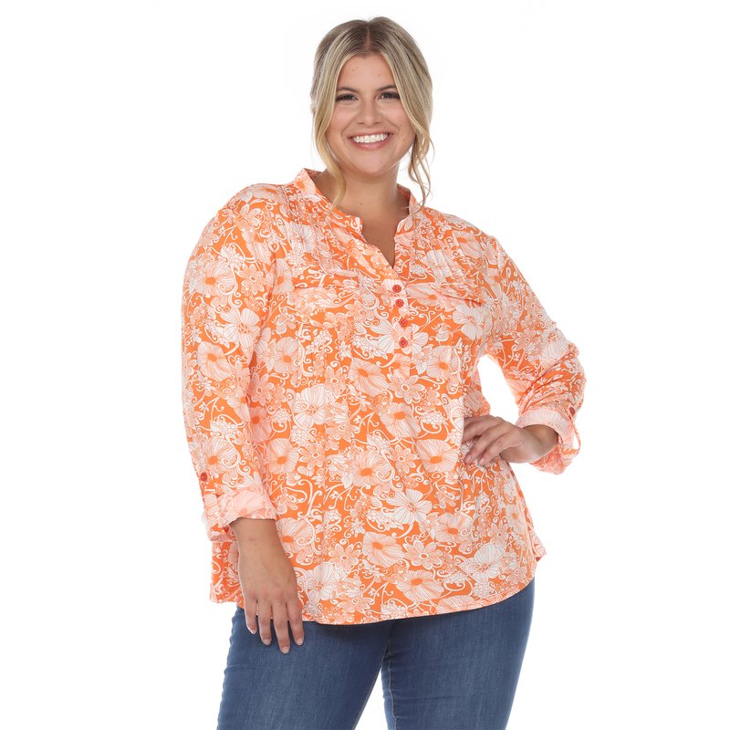 Shop White Mark Plus Size Pleated Long Sleeve Floral Print Blouse In Orange