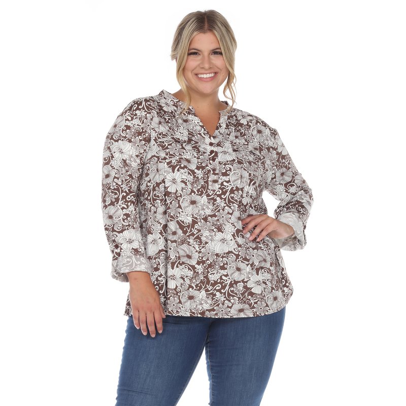 Shop White Mark Plus Size Pleated Long Sleeve Floral Print Blouse In Brown