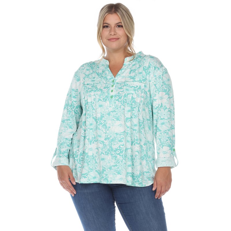 Shop White Mark Plus Size Pleated Long Sleeve Floral Print Blouse In Green