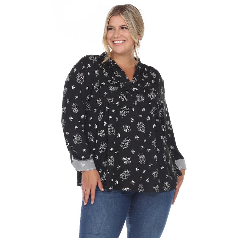 White Mark Plus Size Pleated Long Sleeve Leaf Print Blouse In Black