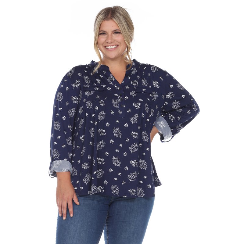 White Mark Plus Size Pleated Long Sleeve Leaf Print Blouse In Blue