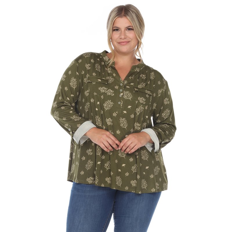 White Mark Plus Size Pleated Long Sleeve Leaf Print Blouse In Green