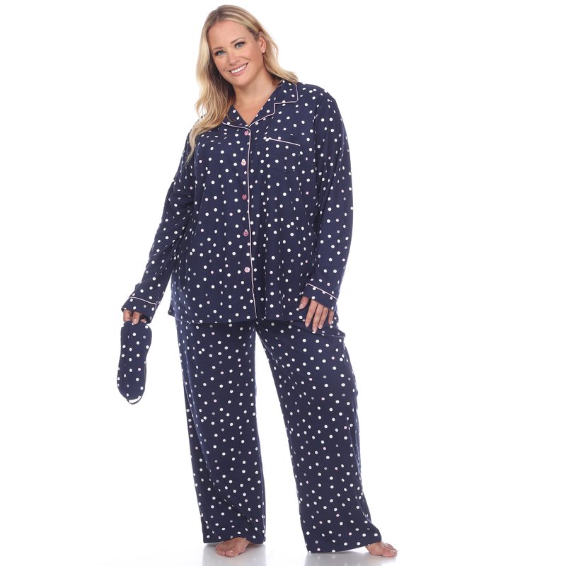White Mark Plus Size Polka Dots Three-piece Pajama Set In Blue