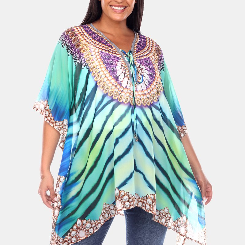 White Mark Plus Size Short Caftan With Tie-up Neckline In Green
