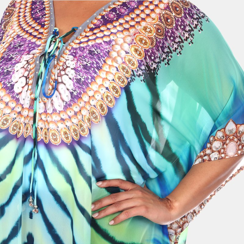 Shop White Mark Plus Size Short Caftan With Tie-up Neckline In Green
