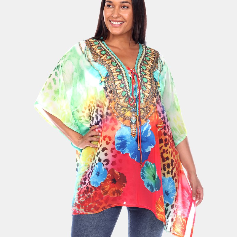 Shop White Mark Plus Size Short Caftan With Tie-up Neckline In Red