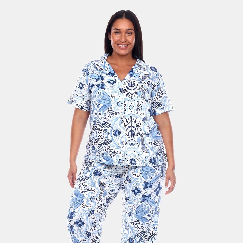 White Mark Plus Size Short Sleeve & Pants Tropical Pajama Set In White/blue