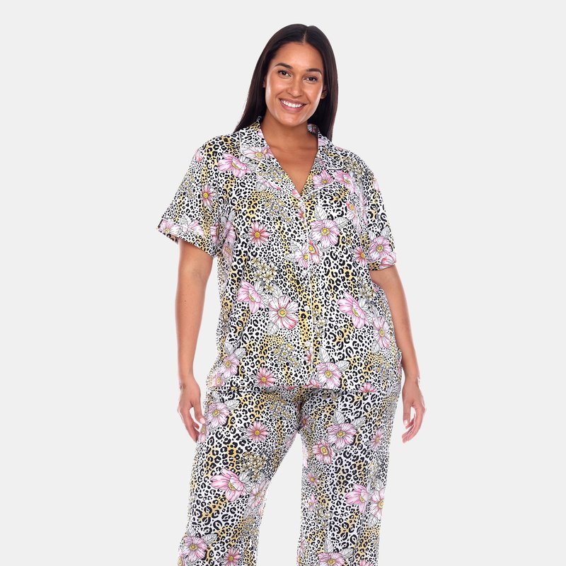 Shop White Mark Plus Size Short Sleeve & Pants Tropical Pajama Set In Brown
