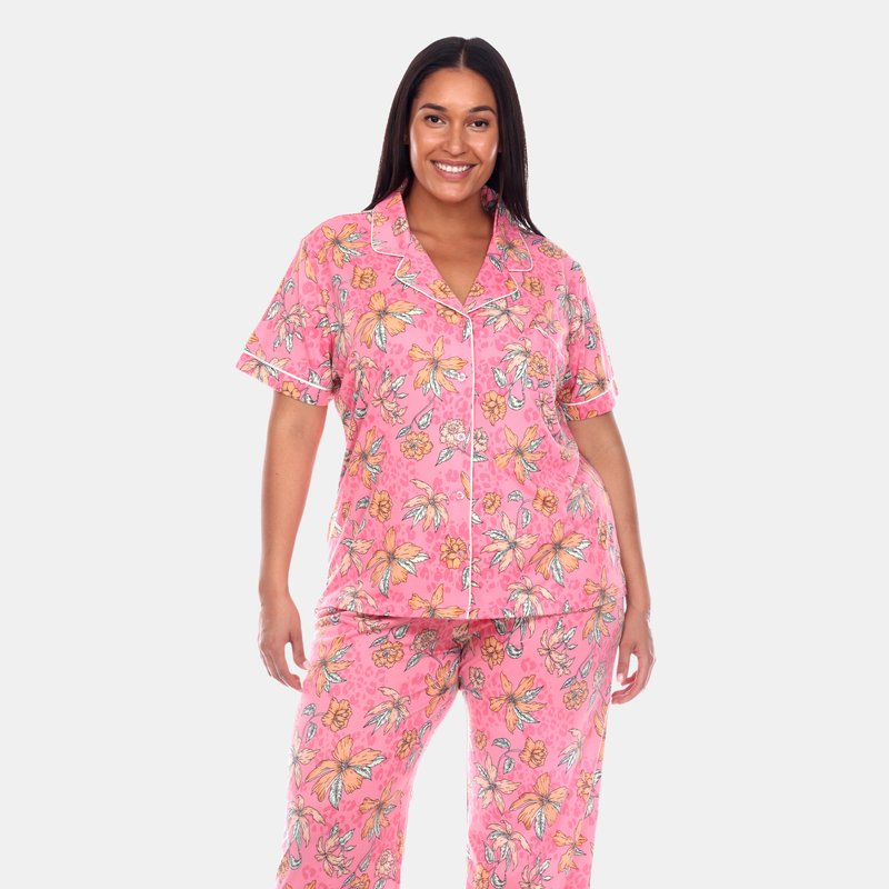 White Mark Plus Size Short Sleeve & Pants Tropical Pajama Set In Pink