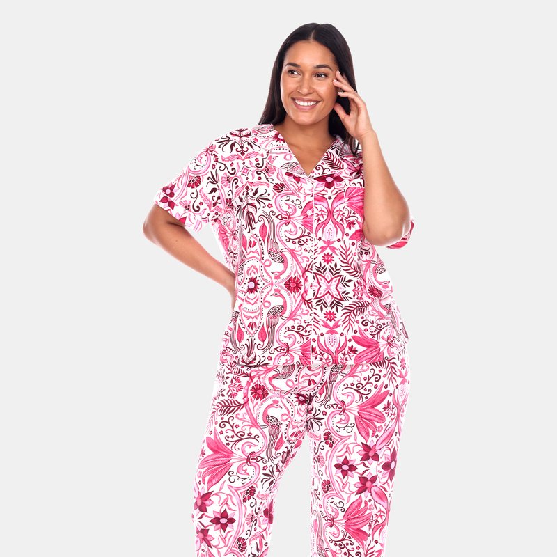 Shop White Mark Plus Size Short Sleeve & Pants Tropical Pajama Set In Pink