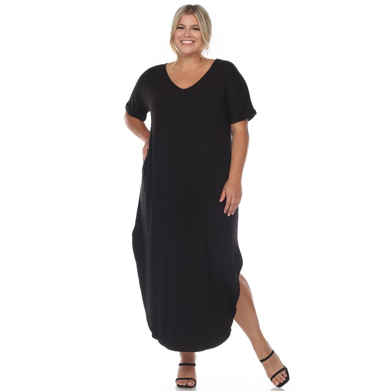 Plus Size Short Sleeve V-Neck Maxi Dress - Black