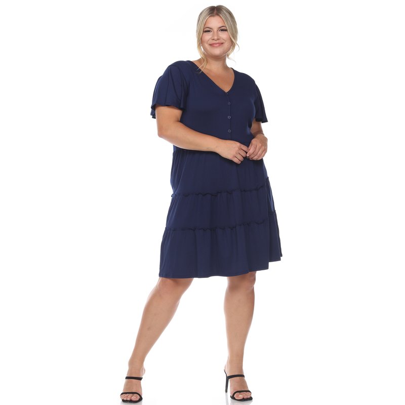 Shop White Mark Plus Size Short Sleeve V-neck Tiered Midi Dress In Blue