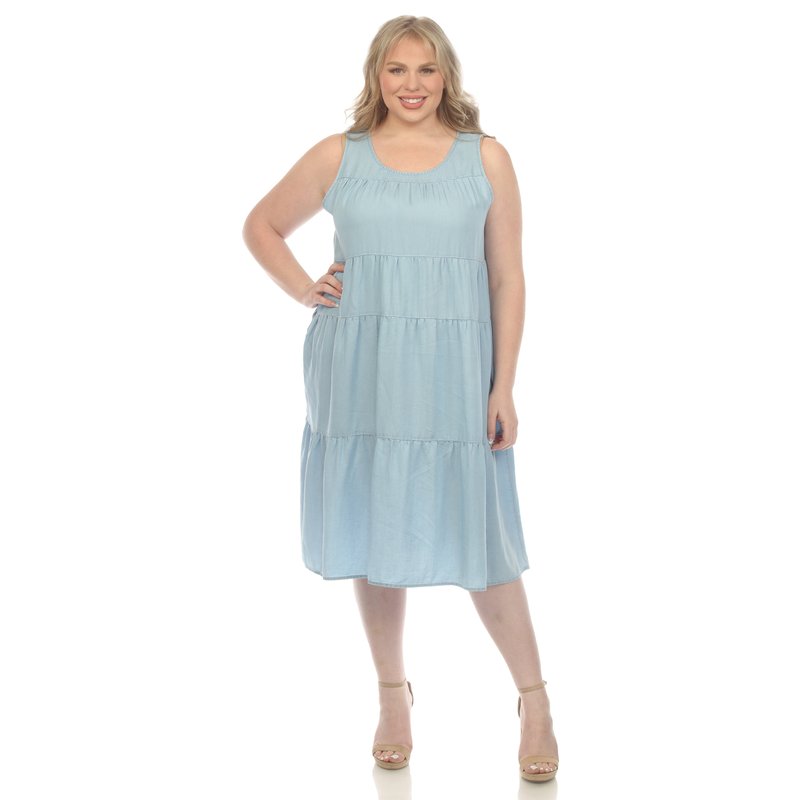 Shop White Mark Plus Size Sleeveless Tiered Chambray Midi Dress In Blue