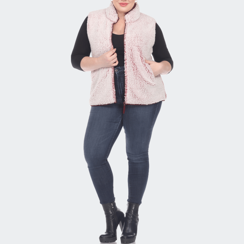 White Mark Plus Size Zip Up Sherpa Vest In Pink