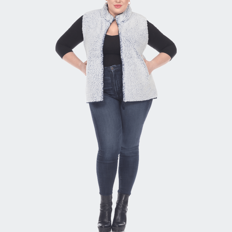 White Mark Plus Size Zip Up Sherpa Vest In Blue