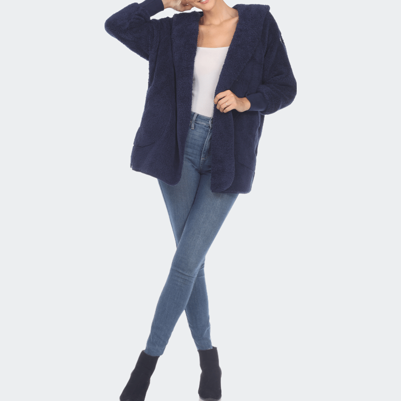 Shop White Mark Plush Hooded Cardigan With Pockets In Blue