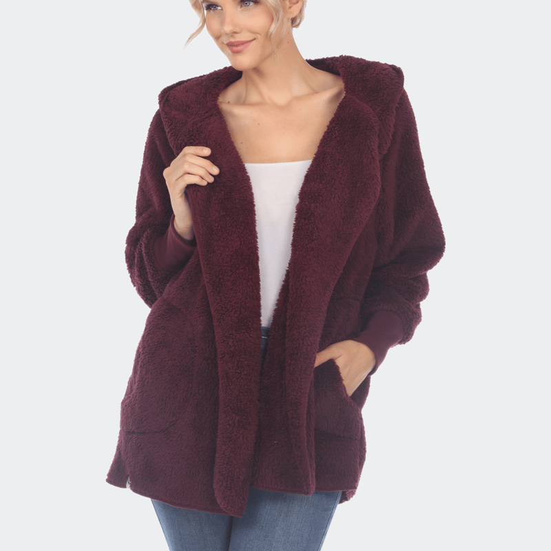 Shop White Mark Plush Hooded Cardigan With Pockets In Purple
