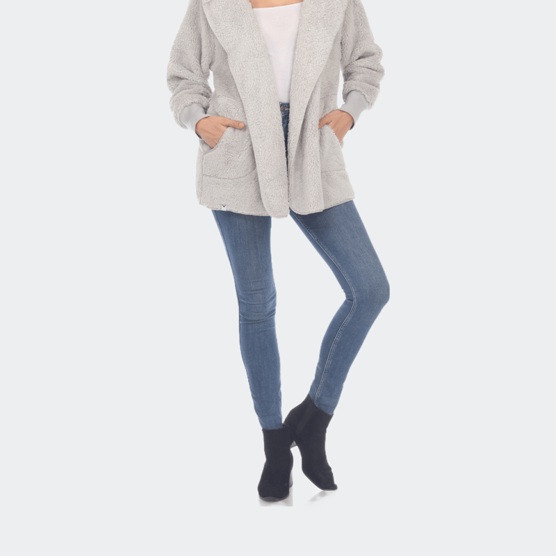 White Mark Plush Hooded Cardigan With Pockets In Grey