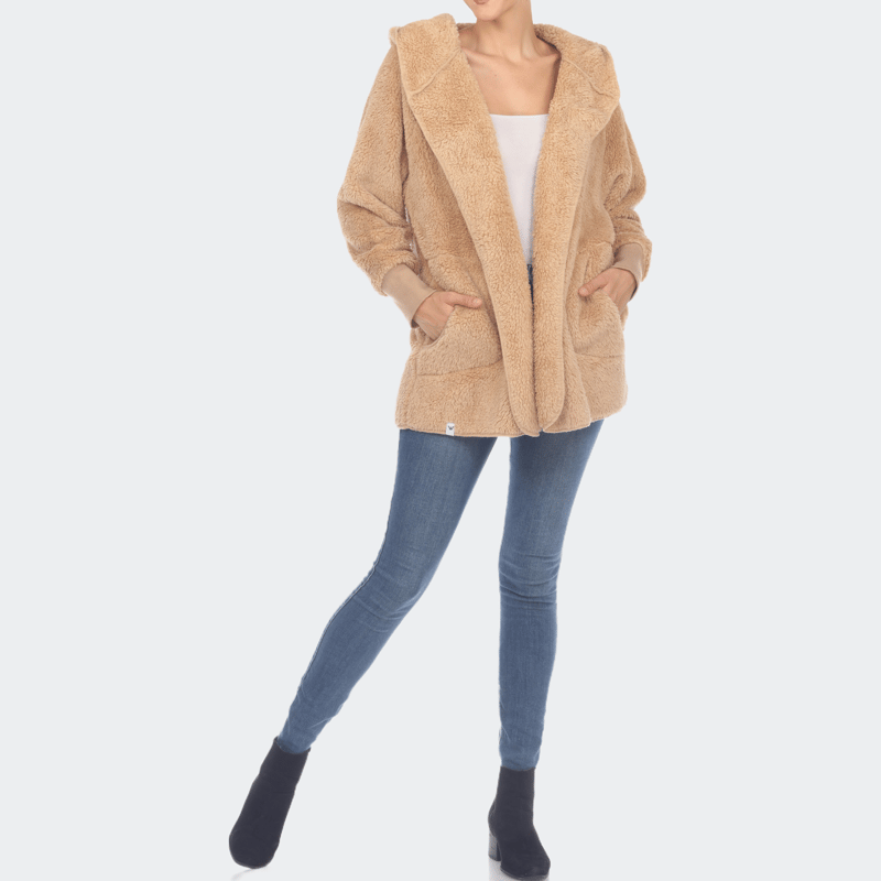 Shop White Mark Plush Hooded Cardigan With Pockets In Brown