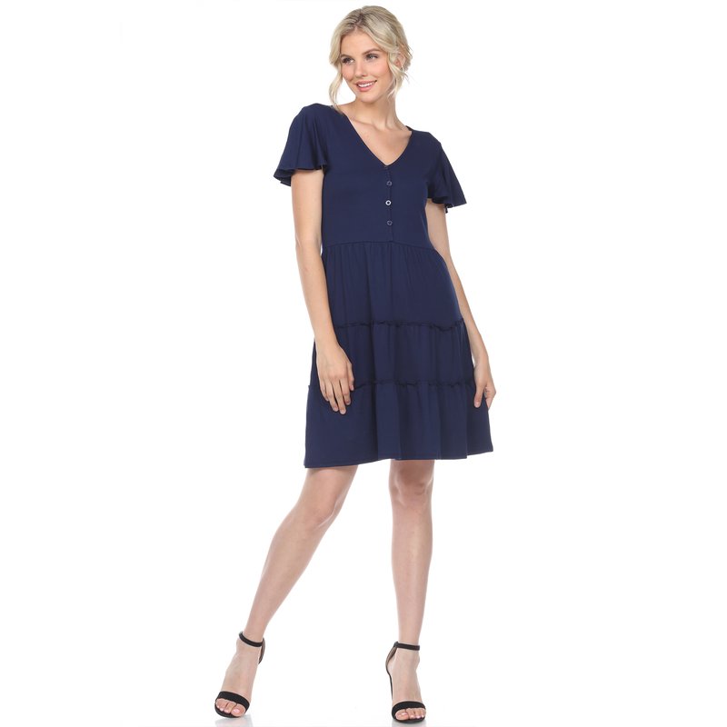Shop White Mark Short Sleeve V-neck Tiered Dress In Blue