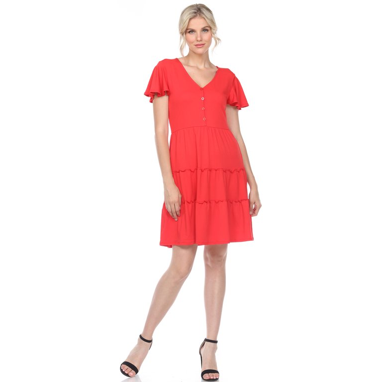 Short Sleeve V-Neck Tiered Dress - Red