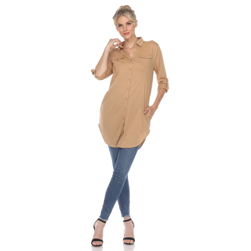 Shop White Mark Stretchy Button-down Tunic In Brown