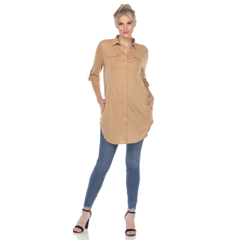 Shop White Mark Stretchy Button-down Tunic In Brown